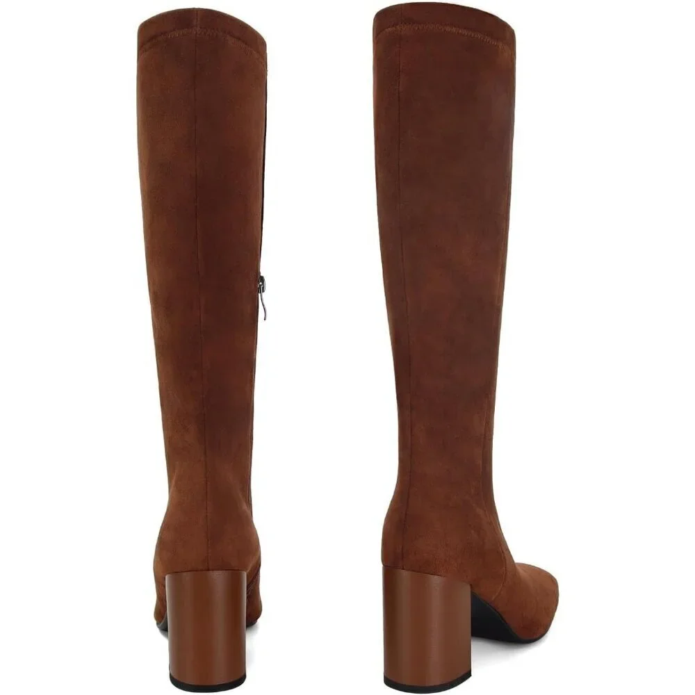 Women's Brown Suede Faux Leather Fashion Square Toe Chunky Heel Knee High Boots